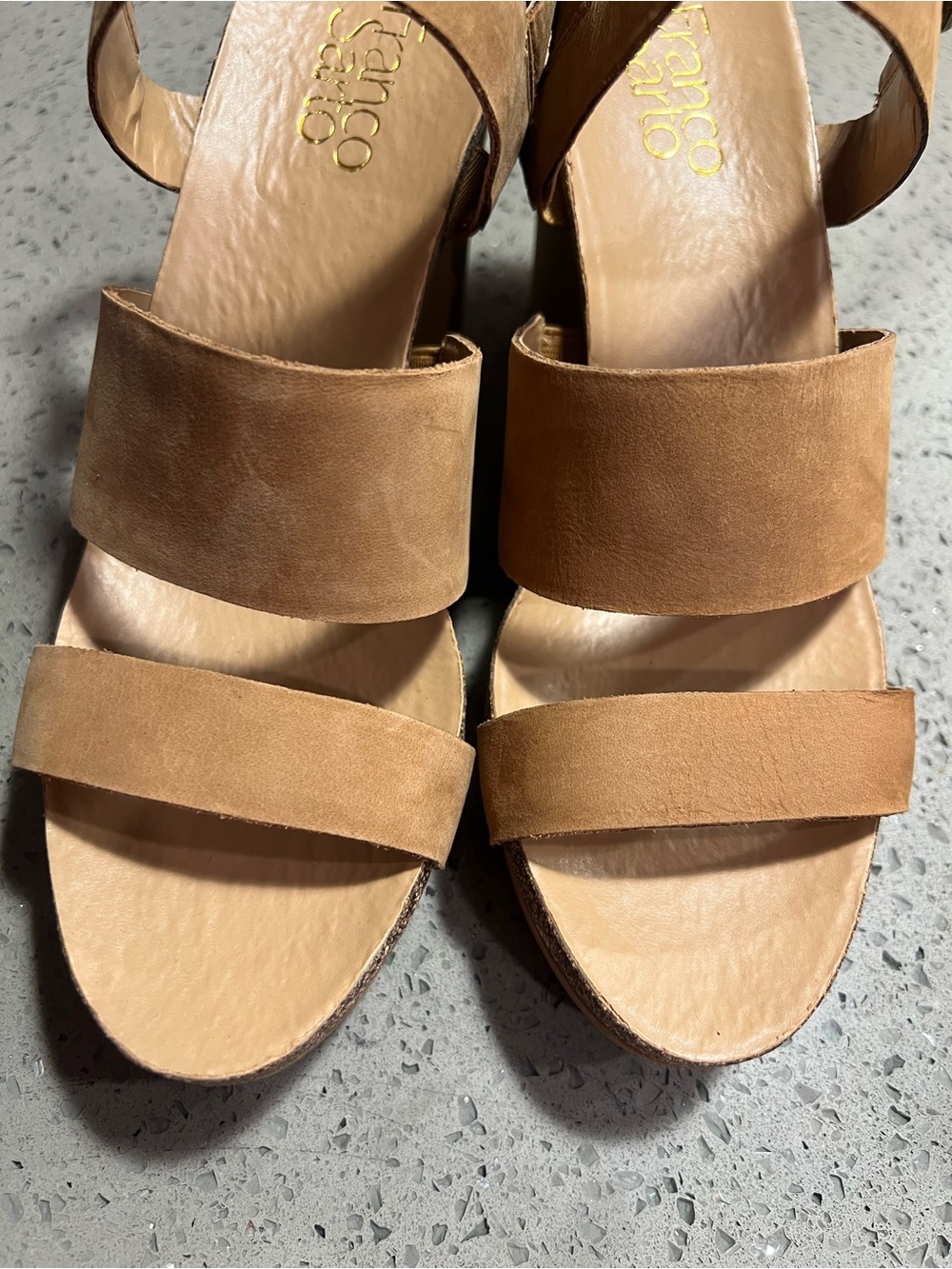 Franco Sarto Chestnut Tan Triple-Strap Wedge Sandals 8.5 - Picture 5 of 6
